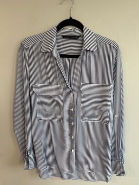 Zara Navy and White Striped Button-Up Shirt